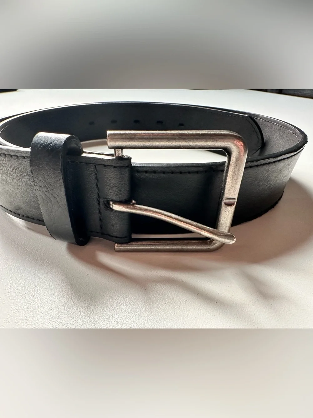 Black Leather Men's Belt with Silver Buckle